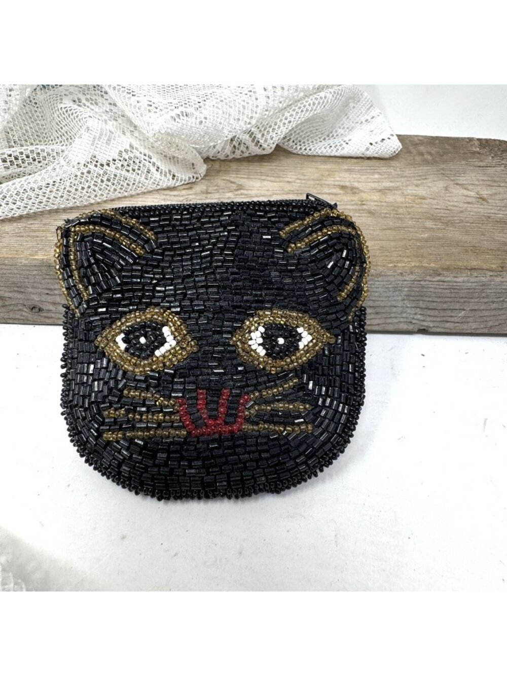 Vintage Beaded Black Cat Face Coin Purse With Zipper Closure - Handmade Beadwork